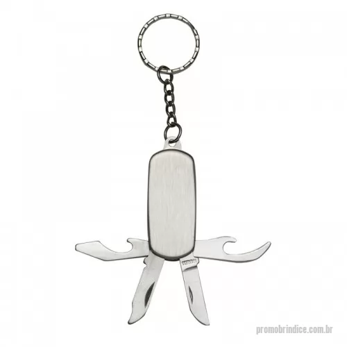 Chaveiro metálico personalizado - Chaveiro canivete 4 funções de metal liso(ambos lados). Possui: abridor de lata, lixa, lâmina de corte e abridor de garrafa.