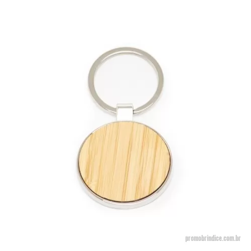 Chaveiro metálico personalizado - Chaveiro de metal redondo, frente com detalhe em bambu e verso liso.