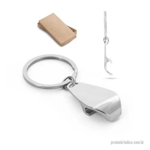 Chaveiro metálico personalizado - Chaveiro em metal com abridor de garrafas. Fornecido em bolsa presente de papel kraft reciclado. 22 x 42 x 9 mm
