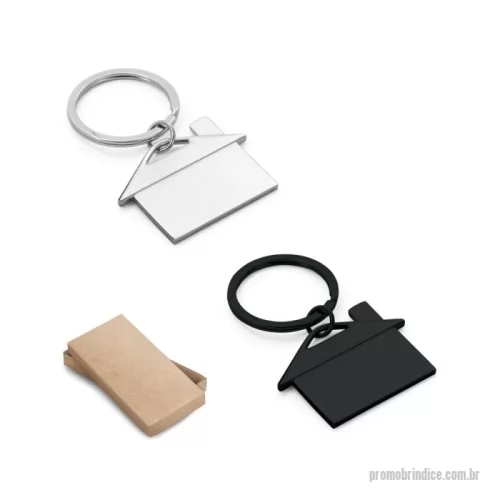 Chaveiro metálico personalizado - Chaveiro em metal em formato de casa. Fornecido em caixa presente de papel kraft reciclado. 49 x 36 x 3 mm