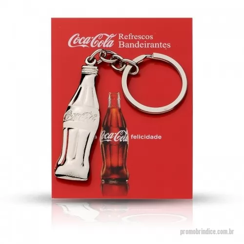 Chaveiro personalizado - Chaveiro em metal, desenvolvido para a Coca Cola, modelo recortado formato de garrafa de refrigerante, 2d, alto e baixo relevo, com banho de níquel.  **Embalagem não Inclusa