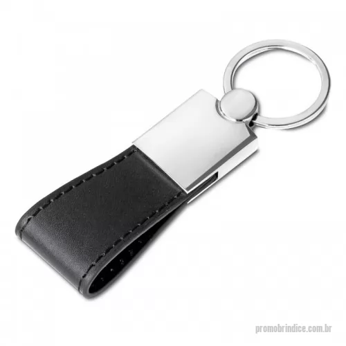 Chaveiro personalizado -  Descrição	Chaveiro de metal com alça em couro sintético preto. 105mm x 32mmø