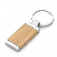 Chaveiro de metal retangular, frente com detalhe em bambu e verso liso.