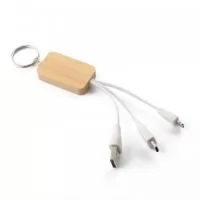 Chaveiro de capa de bambu com cabo para carregamento USB-A a lightning (Iphone) e Tipo C. Como o bambu é um material natural, a cor do item pode variar.
