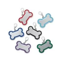 Chaveiro metálico de identificação para pets, dimensão 4,6 x 3 cm. Acompanha gancho.