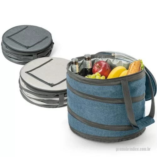 Cooler personalizado - Sacola térmica flexível em 600D com zíper duplo, interior forrado com PEVA e abridor de garrafas. Bolso superior com zíper, alças em webbing, com reforço e capacidade até 15 L. Certificação EU Food Grade. ø300 x 260 mm