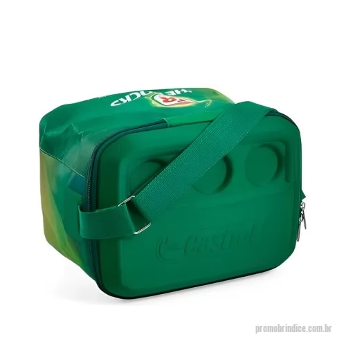 Cooler térmico personalizado - Cooler térmico formato quadrado com tampa e fundo termo moldado em E.V.A, fechamento em zíper, alça de ombro. Capacidade 12 latas + gelo. Medidas aproximada 30 x 23 x 25 cm.