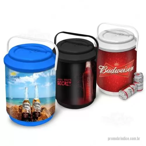 Cooler térmico personalizado - Cooler Térmico em PP com parede dupla e isolamento interno com chapa de isopor, em formato lata de cerveja com capacidade para 10 latas ou 6 litros, tamanho aproximado 31 x 20,2 cm.