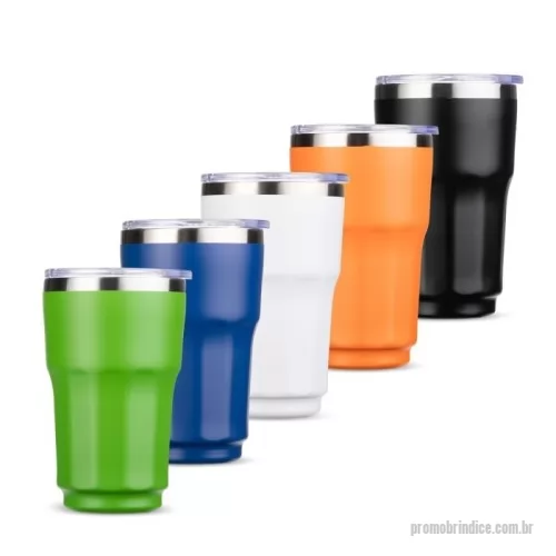 Cooler térmico personalizado - Copo térmico com capacidade máxima de 300ml. Possui estrutura de parede dupla com interior em inox 304 e exterior em inox 201 e pintura eletrostática. Conta com tampa de pressão em plástico com protetor deslizante para o bocal e anel de vedação emborrachado.