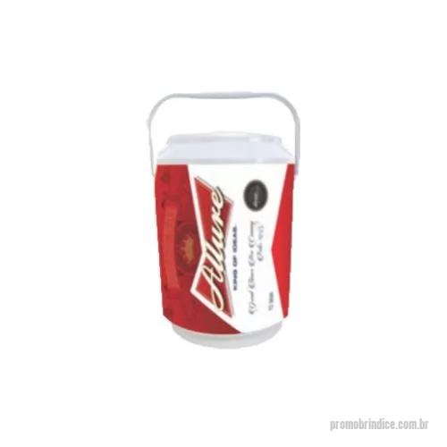 Cooler térmico personalizado - Cooler Isotérmico Midi com capacidade para 08 até 10 latas de 350 ml, serve também como porta garrafas e balde de gelo, com alça rígida articulada e fixa nas laterais do corpo, produzido em PP / polipropileno de cor branca com parede dupla + isopor, corpo revestido ao redor em adesivo com impressão digital de alta resolução em 360º em cores a traço / chapadas ou em cromia do tipo imagem.