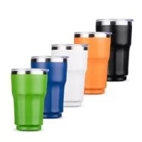 Copo térmico com capacidade máxima de 300ml. Possui estrutura de parede dupla com interior em inox 304 e exterior em inox 201 e pintura eletrostática. Conta com tampa de pressão em plástico com protetor deslizante para o bocal e anel de vedação emborrachado.