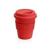 Copo de viagem em fibra de bambu (60%) e PP (40%), com tampa. Tira em silicone para facilitar o transporte de bebidas quentes. Capacidade até 380 mL. Certificação EU Food Grade. ø95 x 114 mm