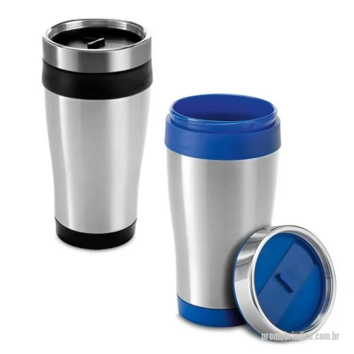 Copo com tampa personalizado - opo de viagem em aço inox e PP com corpo duplo. Tampa com sistema de abertura e fecho fácil. Capacidade até 420 ml. 