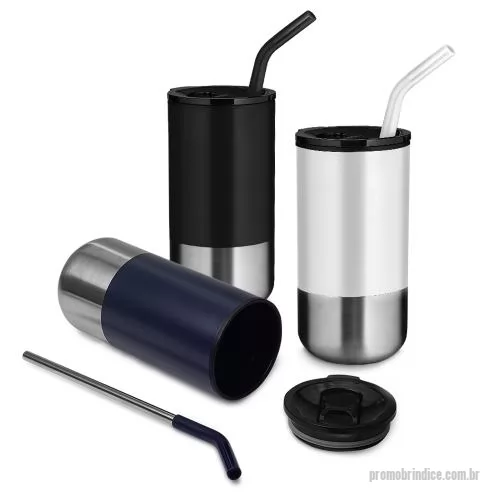 Copo de alumínio personalizado - Copo em inox com canudo removível, com capacidade de até 550ml. Pintura fosca na parte externa e a parte interna revestida com plástico PP.