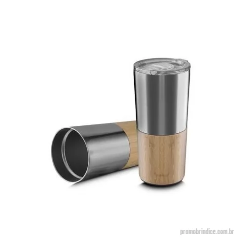 Copo de alumínio personalizado - Copo parede dupla em aço inox, detalhe em bambu na parte inferior, tampa plástica com anel de silicone para evitar vazamento, com capacidade de 550ml. Dimensão Produto: 19xø9cm Peso do Produto: 0,337kg