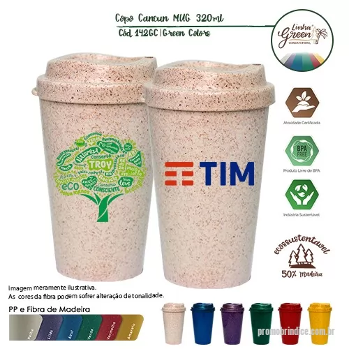 Copo ecológico personalizado - Copo ecológico GREEN COLORS de 320 ml. Copo sustentável feito com 50% de fibra de madeira  e 50% de PP,  Cores inovadoras, design moderno e acabamento impecável, feito em material atóxico e resistente ao micro-ondas e máquina de lavar. Acompanhado da tampa MUG.