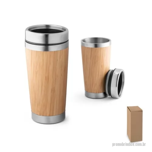 Copo ecológico personalizado - Copo de viagem em aço inox e bambu, térmico com parede dupla isolada a ar, com sistema de abertura deslizante. Capacidade até 500 mL. Preserva as bebidas quentes por 2 horas e as bebidas frias por 4 horas. Fornecido em caixa presente de papel kraft. Certificação EU Food Grade. A cor e o resultado da impressão nos materiais naturais pode variar entre produtos. ø82 x 158 mm