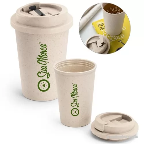 Copo ecológico personalizado - Copo ecológico de viagem personalizado, fabricado com 60% de fibra de bambu e 40% de polipropileno (PP). Conta com tampa flip top e tem capacidade para até 380 mL, sendo uma opção prática e sustentável para o seu dia a dia.