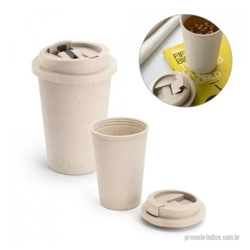 Copo ecológico personalizado - Copo de viagem em fibra de bambu (60%) e PP (40%) com tampa flip top. Capacidade até 380 mL. Certificação EU Food Grade. Ø95 x 113 mm