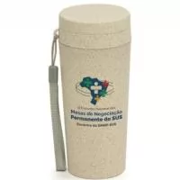 Copo ecologico de Bambu, capacidade de 350ml, tampa rosqueável, cordão para transporte e diversas cores.