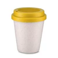 Copo em fibra de arroz biodegradável com capacidade para até 350ml e tampa plástica de pressão.