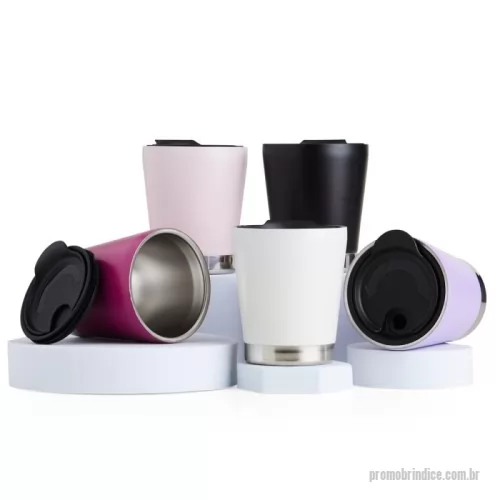 Copo Inox personalizado - Copo de parede dupla em inox 304 com capacidade de 300ml, possui tampa plástica de encaixe com acesso ao bocal e área para canudo (não acompanha).