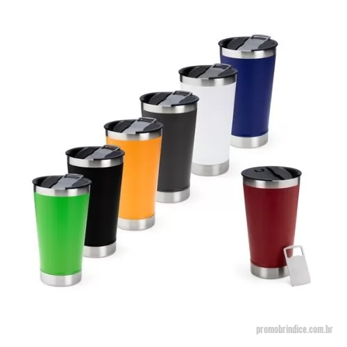 Copo Inox personalizado - Descrição: Copo em inox com pintura eletrostática. Conta com tampa de pressão em plástico com abertura no bocal e abridor de garrafa removível em inox.   Obs.: Este copo não apresenta propriedades de conservação térmica. Não acompanha embalagem individual.  Altura :  16,9 cm  Largura :  9,2 cm  Diametro :  sem tampa 8,5 cm  Medidas aproximadas para gravação (CxL):  11,5 cm x 7 cm (copo) - 3,5 cm x 2,5 cm (abridor)  Peso aproximado (g):  256