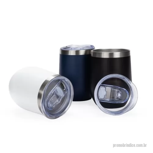 Copo Inox personalizado - Copo em inox com capacidade máxima de 320ml. Possui estrutura de parede dupla livre de BPA, com interior em inox 304 e exterior em inox 201 com pintura eletrostática. Conta com tampa de pressão em plástico com protetor deslizante para o bocal e anel de vedação em silicone.