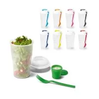 Copo para salada em PP com garfo e molheira. Capacidade até 850 mL. Apto para micro-ondas, retirando a tampa. Caixa branca 94659 vendida opcionalmente. Certificação EU Food Grade. ø110 x 190 mm