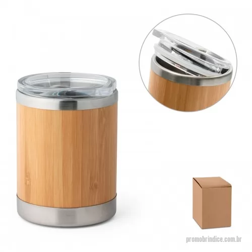 Copo personalizado - Copo de bambu e aço inox de parede dupla isolada a ar e tampa AS com fecho deslizante. Capacidade até 350 ml. Food grade. Fornecido em caixa presente de papel craft.