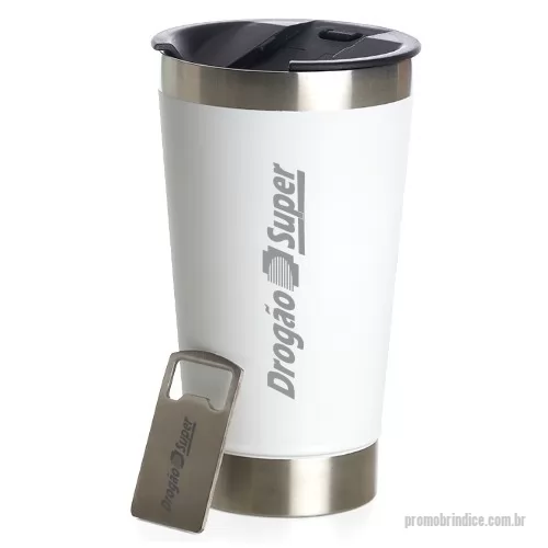 Copo personalizado - Copo térmico 473ml com abridor embutido na tampa. Gravação indelével da logo a laser no copo e no abridor. Disponível em diversas cores. Um presente inovador, útil e durável, garantindo a visibilidade da sua marca por muitos anos. Despachamos com frete pago para Sul, Sudeste e Centro-Oeste.