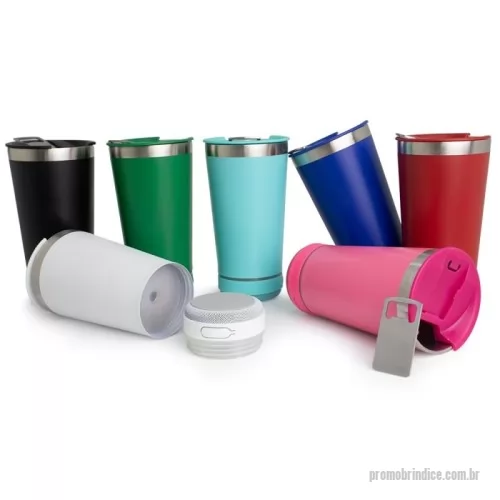 Copo personalizado - Copo térmico de inox com caixa de som e capacidade 400ml. Contém tampa com abridor.  Caixa de som possui botão para ligar/desligar, botões para aumentar diminuir volume/ avançar e retroceder faixas. Operante no modo bluetooth. Acompanha cabo USB Tipo-C.  Obs.: A caixa de som não é a prova dágua, para a higienização do copo é necessário desrosquear a caixa de som para remove-la.