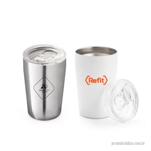 Copo personalizado - Copo de viagem para sublimação com parede dupla em aço inox. Inclui tampa transparente com abertura deslizante. Capacidade até 380ml.