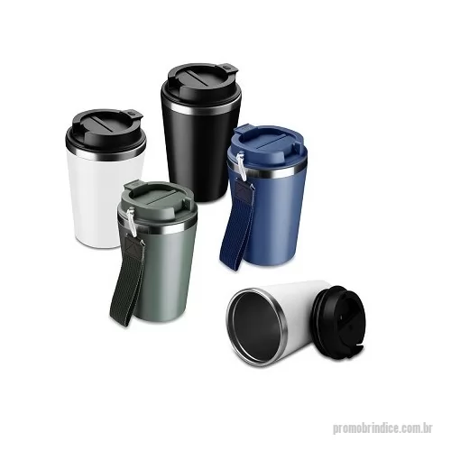 Copo personalizado - Copo de 350 ml com parede dupla, interior em inox 304 e exterior em plástico PP, tampa em plástico PP, alça de mão e acabamento com pintura fosca.