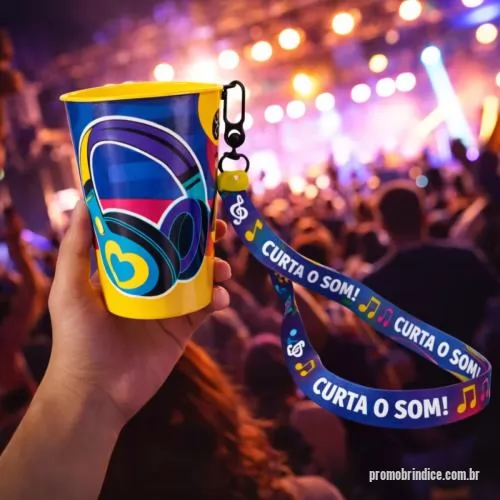 Copo personalizado - Copo com capacidade de 550 ml produzido em polipropileno, com peso de 36 gramas, altura de 14,5 cm, diâmetro da boca de 8,7 cm e base de 6,3 cm, equipado com alça lateral para fixação de cordão (não acompanha), proporcionando praticidade no transport