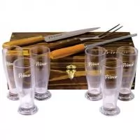 Estojo de madeira com 06 copos cerveja + faca, garfo e chaira para churrasco. Gravação da logo a laser. Despachamos com frete pago para  todo o Brasil.