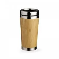 Copo Bambu de 500ml, parte interna em inox. Possui tampa com compartimento que pode ser aberto para beber.