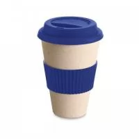 Copo para viagem em fibra de bambu, casca de arroz e melamina. Com tampa e banda de silicone e capacidade até 450 mL.