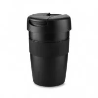 Copo inox com parede dupla, capacidade de 350ml. Contém tampa plástica rosqueável com vedação e protetor de bocal.