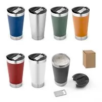 Copo de viagem em aço inox térmico, com parede dupla isolada a vácuo. Capacidade até 630 mL. A tampa inclui um abridor de garrafas. Ideal para preservar as suas bebidas frias ou quentes. Fornecido em caixa presente de papel kraft reciclado. Certifica
