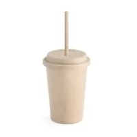 Copo de viagem em fibra de bambu (60%) e PP (40%) com tampa e canudo retráctil. Capacidade até 450 mL. Pode ocorrer transferência de calor. Certificação EU Food Grade. ø93 x 135 mm