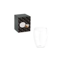 Copo em vidro borossilicato com parede dupla, isolada a ar. Capacidade até 350 ml. Fornecido em caixa presente personalizável. Certificação EU Food Grade. ø89 x 113 mm | Caixa: 95 x 95x 125 mm