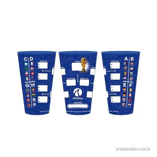 Copo Plástico personalizado - Copo Tabela Copa do Mundo 550ml </br> Acompanhe a cada passagem de fase e complete até a final! Copo Plástico personalizado Imold Label fabricado em polipropileno P.P ou poliestireno P.S Cristal de 550ml. </br> Produto em plástico não descartável com alta durabilidade. Produto Atóxico, inodoro e térmico; Copo com tecnologia de impressão 360º InMold Label, uma excelente ideia de colocar sua marca na tabela. Divulgando a sua marca de forma criativa em alta resolução. Sua marca em todos os jogos! </br> Escrita com caneta marcador permanente ponta média (não acompanha a caneta)