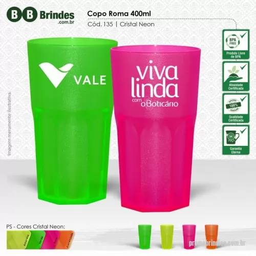 Copo Plástico personalizado - Copo Roma PS Cristal 370ml é feito em Plástico Premium (PS Cristal), com alta qualidade e cores vibrantes.