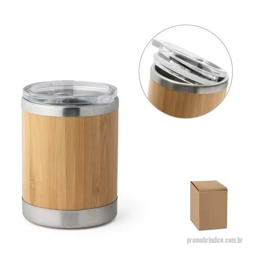 Copo térmico personalizado - Copo de bambu e aço inox de parede dupla isolada a ar e tampa AS com fecho deslizante. Capacidade até 350 ml. Food grade. Fornecido em caixa presente de papel craft.