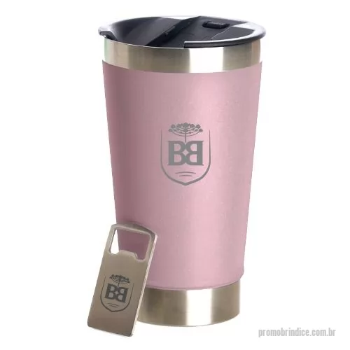 Copo térmico personalizado - Copo térmico 473ml com abridor embutido na tampa. Gravação indelével da logo a laser no copo e no abridor. Um presente inovador, útil e durável; garantindo a visibilidade da sua marca por muitos anos. Despachamos com frete pago para Sul, Sudeste e Centro-Oeste