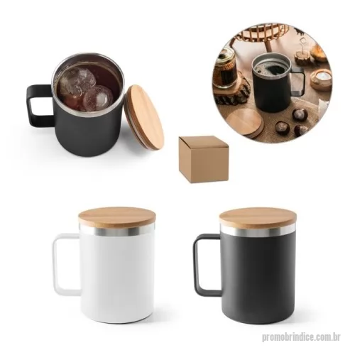 Copo térmico personalizado - Copo de viagem em aço inox, térmico com parede dupla isolada a vácuo e tampa em bambu. Capacidade até 420 mL. 
