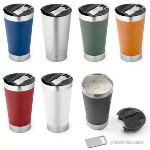 Copo térmico personalizado - Copo de viagem em aço inox térmico, com parede dupla isolada a vácuo. Capacidade até 630 mL. A tampa inclui um abridor de garrafas. Ideal para preservar as suas bebidas frias ou quentes. Fornecido em caixa presente de papel kraft. Certificação EU Food Grade. ø97 x 171 mm