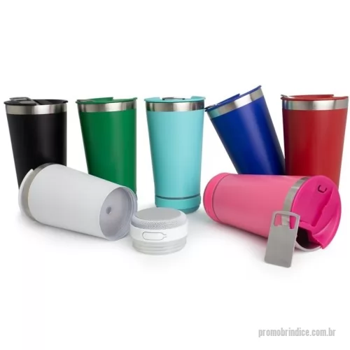 Copo térmico personalizado - Copo térmico de inox com caixa de som e capacidade 400ml. Contém tampa com abridor. Caixa de som possui botão para ligar/desligar, botões para aumentar diminuir volume/ avançar e retroceder faixas. Operante no modo bluetooth. Acompanha cabo USB Tipo-C. Obs.: A caixa de som não é a prova dágua, para a higienização do copo é necessário desrosquear a caixa de som para remove-la.  Altura :  18,4cm  Largura :  9,3cm  Circunferência :  28,7cm  Medidas aproximadas para gravação (CxL):  11 cm x 3 cm  Peso aproximado (g):  358