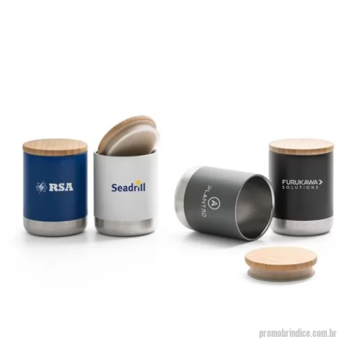 Copo térmico personalizado - Copo em aço inox com parede dupla isolada a vácuo, parede interna revestida de cobre e tampa em bambu com vedante de silicone para proteção extra (térmico). capacidade até 370 mL e mantém as bebidas quentes por 5 h e frias por 24 h. Contém revestimento em pó que lhe confere mais durabilidade e resistência.